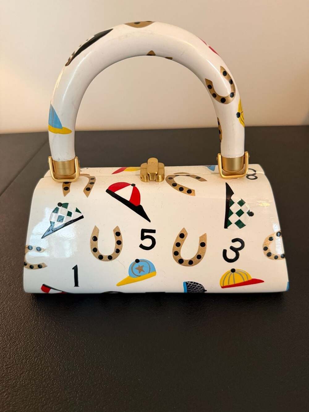 Timmy Woods Beverly Hills Horse Racing Jockey Hat and Horseshoe Print Handbag